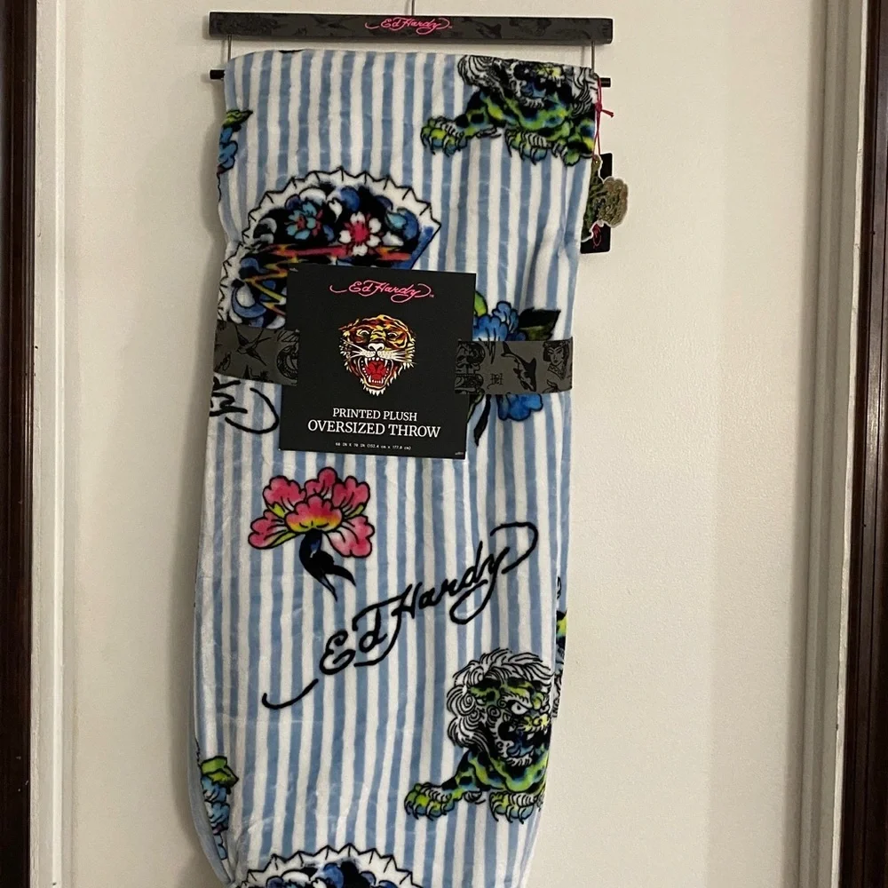 Ed Hardy Light Blue & White Striped Floral Tiger Plush Throw